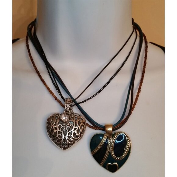 Romantic bundle enamel puff heart 2 necklaces & silver chain charm bracelet. - Picture 2 of 5